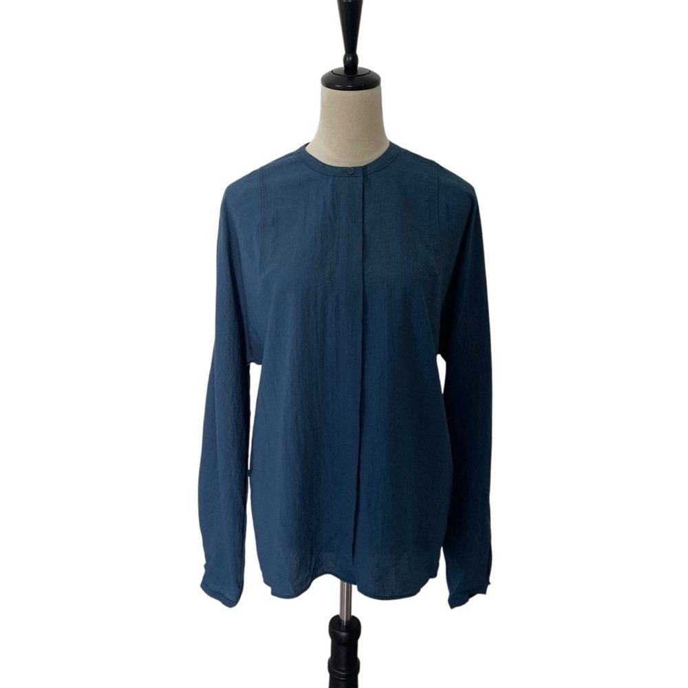 COS long sleeve lightweight rayon blend round neck button front teal tunic top 8